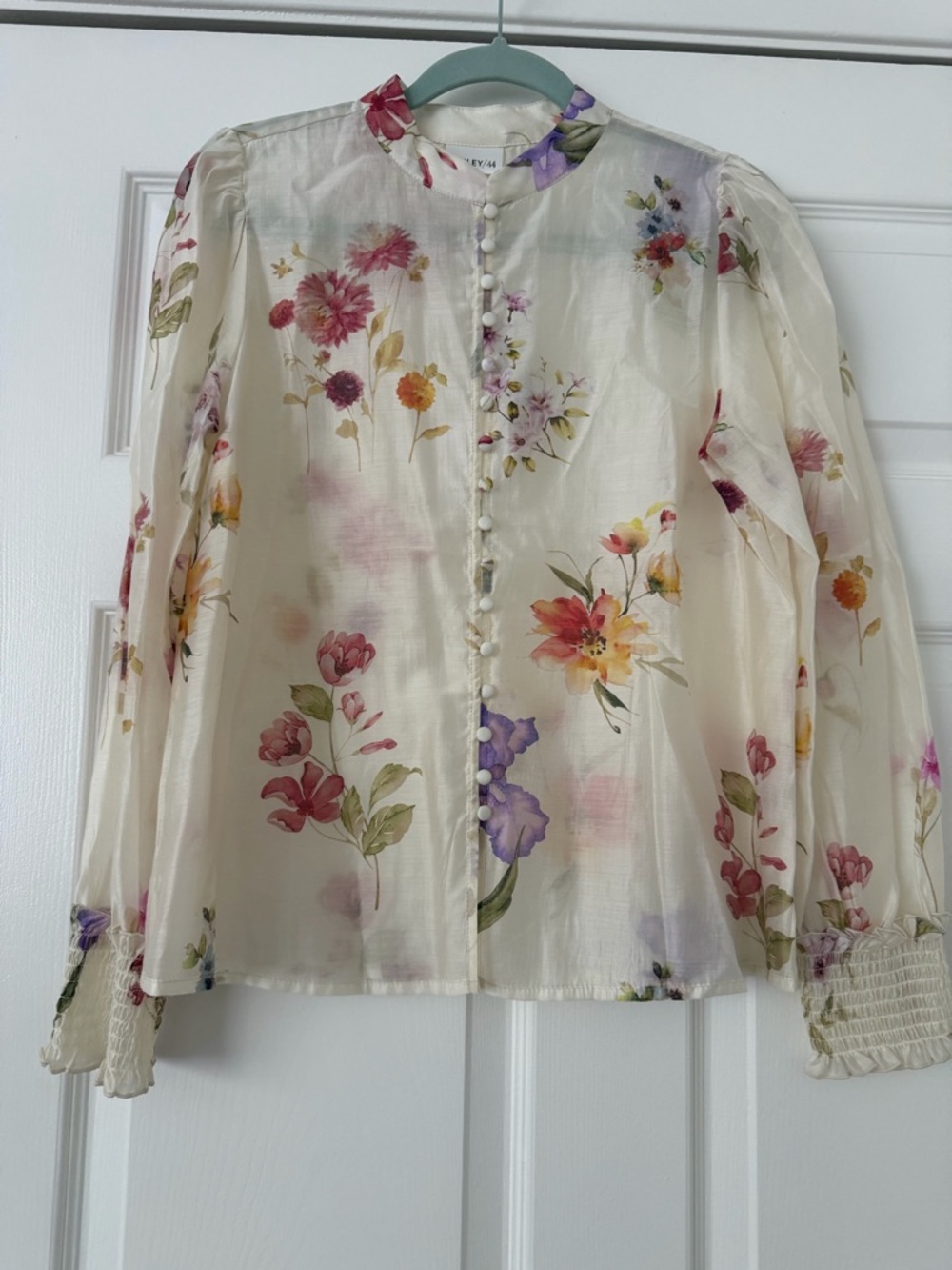 Bailey 44 Sheer Floral Button-Front Blouse in Ivory with Pink & Yellow Flowers - Picture 5 of 7